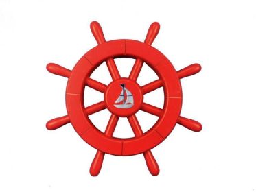 Red Decorative Ship Wheel With Sailboat 12""