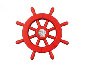 Red Decorative Ship Wheel With Seashell 12""