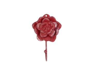 Red Whitewashed Cast Iron Decorative Rose Hook 7""