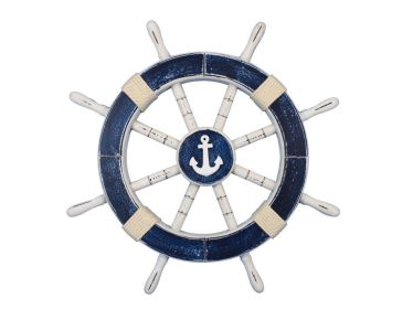 Rustic Dark Blue Decorative Ship Wheel with Anchor 18""