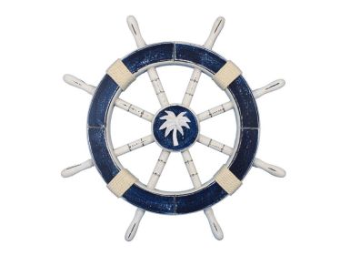 Rustic Dark Blue Decorative Ship Wheel with Palm Tree 18""