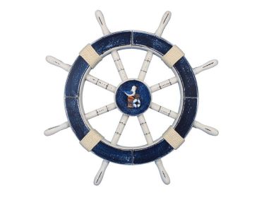 Rustic Dark Blue Decorative Ship Wheel with Seagull and Lifering 18""