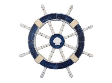 Rustic Dark Blue Decorative Ship Wheel with Seashell 18""