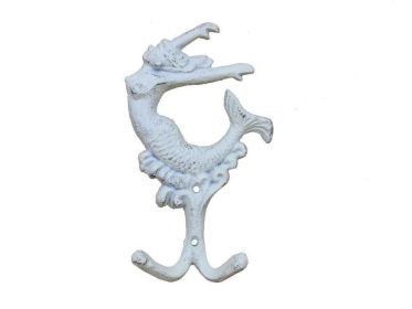 Whitewashed Cast Iron Mermaid Key Hook 6""