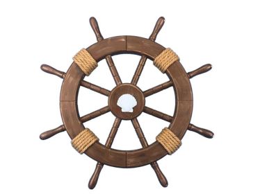 Rustic Wood Finish Decorative Ship Wheel with Seashell 18""