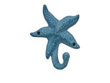 Dark Blue Whitewashed Cast Iron Starfish Hook 4""