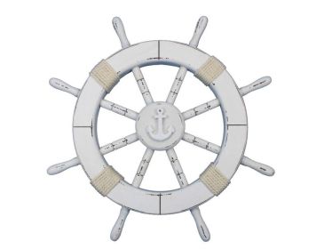 Rustic White Decorative Ship Wheel with Anchor 18""