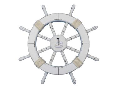 Rustic White Decorative Ship Wheel with Sailboat 18""