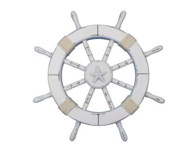 Rustic White Decorative Ship Wheel with Starfish 18""