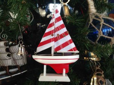 Wooden Red Striped Sailboat Model Christmas Tree Ornament