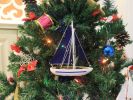 Wooden Blue Sailboat with Blue Sails Christmas Tree Ornament 9""