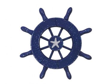 Rustic Dark Blue Decorative Ship Wheel With Starfish 6""