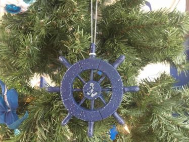 Rustic Dark Blue Decorative Ship Wheel With Anchor Christmas Tree Ornament 6""