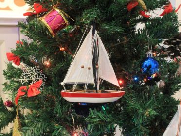 Wooden USA Sailboat Model Christmas Tree Ornament 9""