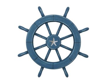 Rustic All Light Blue Decorative Ship Wheel With Starfish 18""