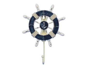 Rustic Dark Blue and White Decorative Ship Wheel with Anchor and Hook 8&quot;