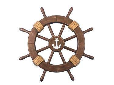 Rustic Wood Finish Decorative Ship Wheel with Anchor 18""