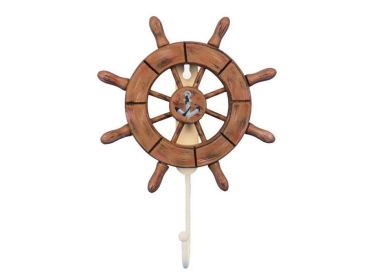 Rustic Wood Finish Decorative Ship Wheel with Anchor and Hook 8&quot;