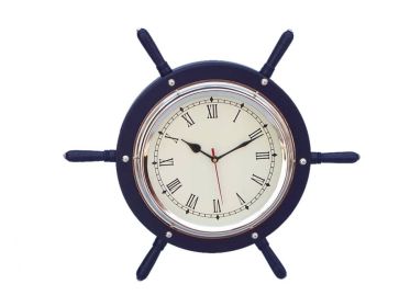 Dark Blue Wood And Chrome Ship Wheel Clock 15""