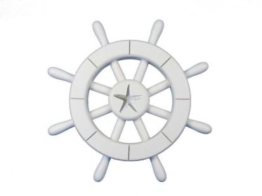 White Decorative Ship Wheel With Starfish 12""