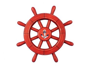 Rustic All Red Decorative Ship Wheel With Anchor 12""