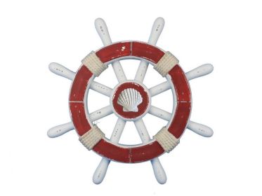 Rustic Red And White Decorative Ship Wheel With Seashell 12""