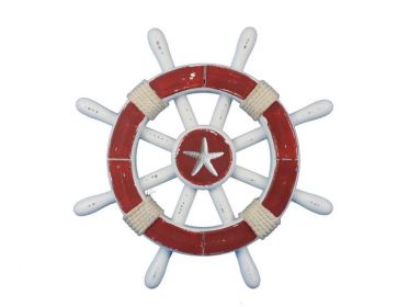 Rustic Red And White Decorative Ship Wheel With Starfish 12""