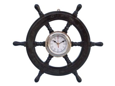 Deluxe Class Wood and Chrome Pirate Ship Wheel Clock 18""