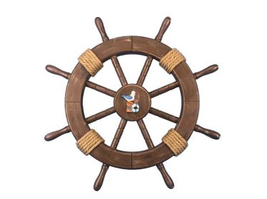 Rustic Wood Finish Decorative Ship Wheel with Seagull and Lifering 18""