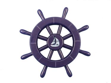 Dark Blue Decorative Ship Wheel With Sailboat 12""