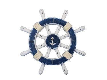 Rustic Dark Blue And White Decorative Ship Wheel With Anchor 12""