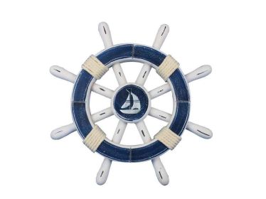 Rustic Dark Blue And White Decorative Ship Wheel With Sailboat 12""