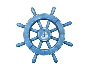 Rustic All Light Blue Decorative Ship Wheel With Sailboat 12""