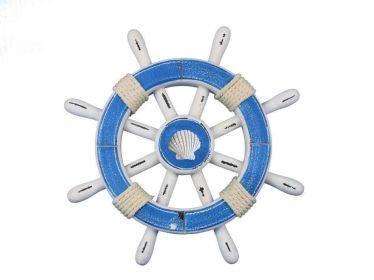 Rustic Light Blue And White Decorative Ship Wheel With Seashell 12""