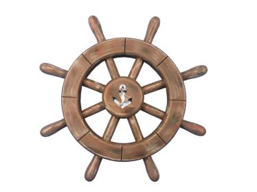 Rustic Wood Finish Decorative Ship Wheel With Anchor 12""