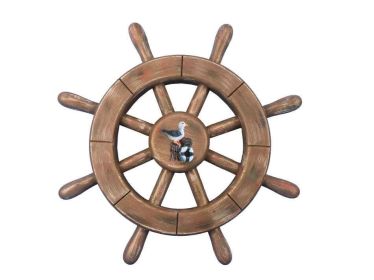 Rustic Wood Finish Decorative Ship Wheel With Seagull 12""