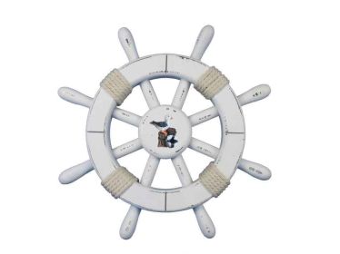 Rustic White Decorative Ship Wheel With Seagull 12""