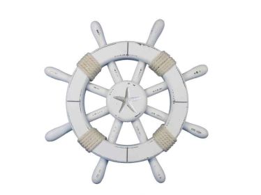 Rustic White Decorative Ship Wheel With Starfish 12""