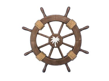 Rustic Wood Finish Decorative Ship Wheel with Palm Tree 18""