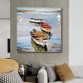 Hand Painted Oil Painting Canoe oil Paintings Nordic Seascape-Hand-Painted- Colorful Boats Oil Painting-Wall Art Handmade- For Home Decoration (size: 60x60cm, Style: 1)