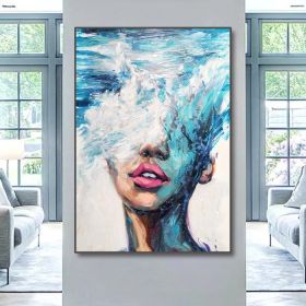 Hand Painted Oil Painting Abstract Portrait Wall Art Hand painted-Nordic Light Blue Girl Oil Paintings On Canvas-Hand Made-For Home Decoration (size: 100x150cm, Style: 1)